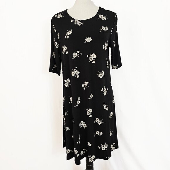 Old Navy Black Dress with White and Tan Florals - Picture 1 of 5